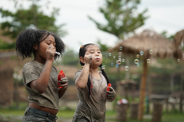 Group of happy children playing at playground