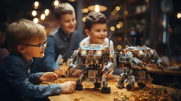 科学の授業でおもちゃのロボットで遊ぶ幸せな子供たちのグループ 生成 AI