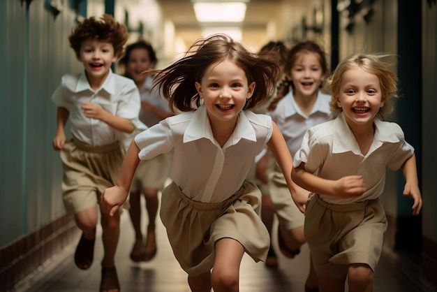 Foto gruppo di bambini felici che corrono sul corridoio