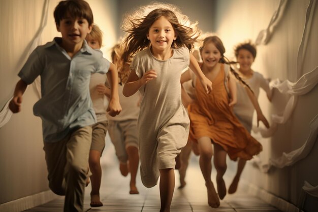 Foto gruppo di bambini felici che corrono sul corridoio