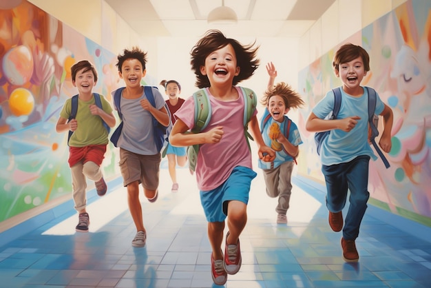 Group of happy children running on corridor