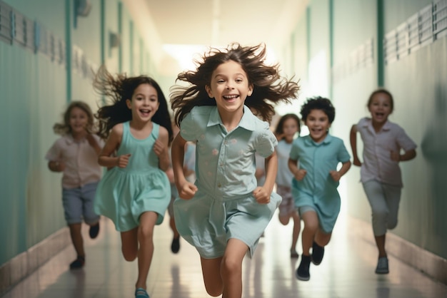 Photo group of happy children running on corridor