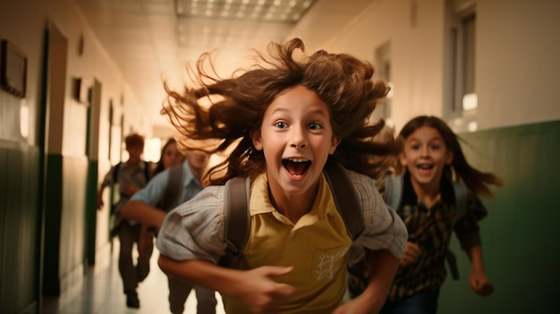 group of happy children running on corridor