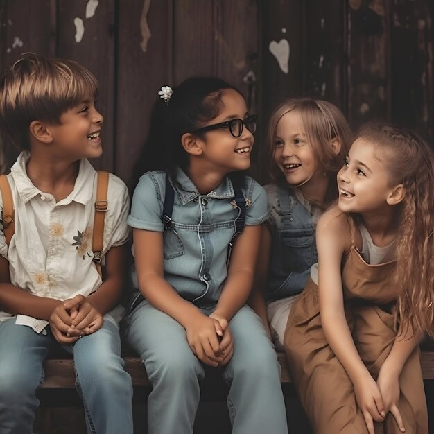 Photo group of happy children sitting on bench and looking at each other