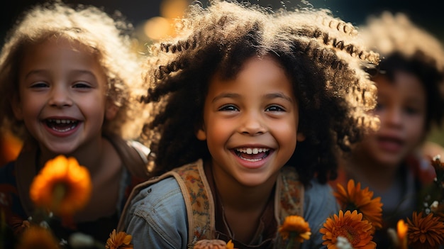 group of happy children in the street.