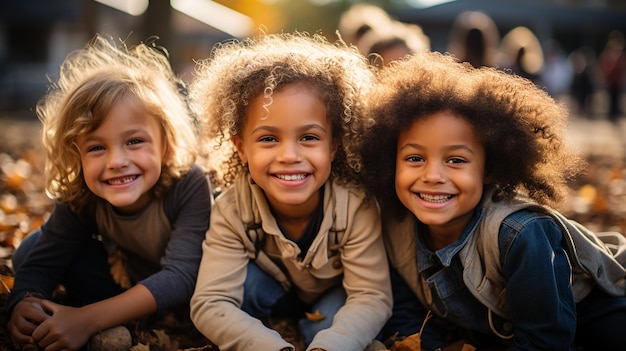 group of happy children in the street.