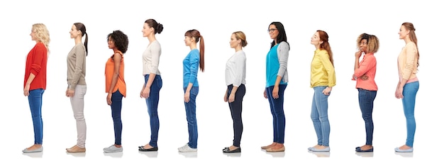 group of happy diverse women standing in line