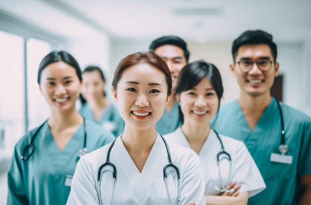 Photo group of happy doctors standing in hospital