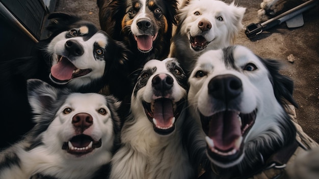 group of happy dogs at park