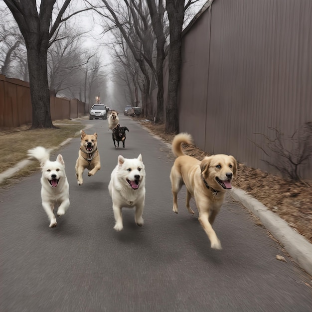 공원에서 달리는 행복한 개 그룹공원에서 달리는 골든 리트리버 개들의 행복한 그룹