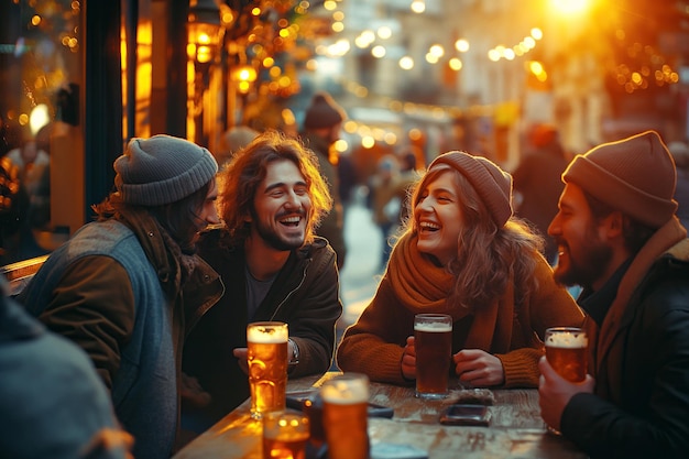 group of happy friends are drinking beer laughing and chatting at table outside the bar on evening at sunset