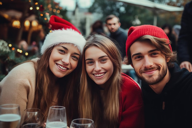 Group of happy friends celebrating christmas together in the city Xmas Happy new year