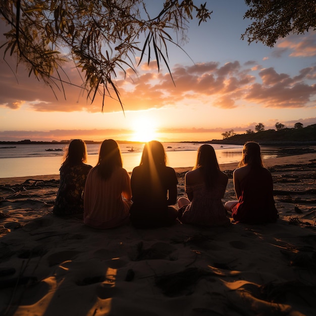 Группа счастливых друзей болтает перед закатом солнца спиной к камере