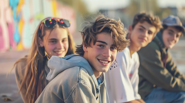 Foto un gruppo di amici felici che passano il tempo insieme all'aperto stanno tutti sorridendo e ridendo e sembra che si stiano divertendo molto