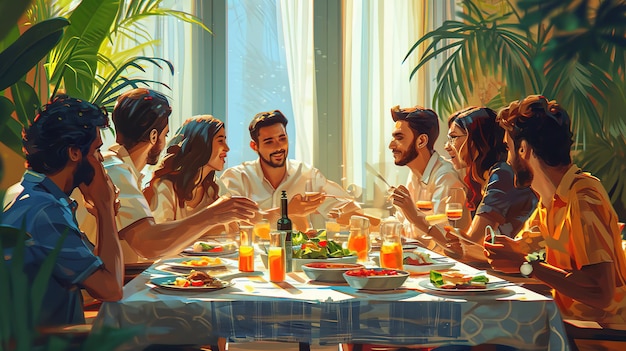 Group of happy friends having ramadan iftar at home People sitting at table and talking