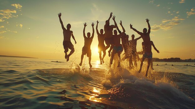 夕暮れの海に飛び込む幸せな友達のグループ