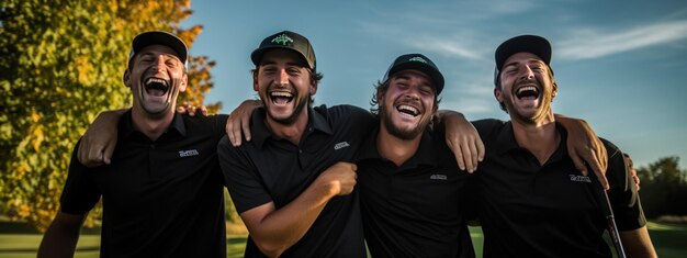 Group of happy friends playing golf on the course