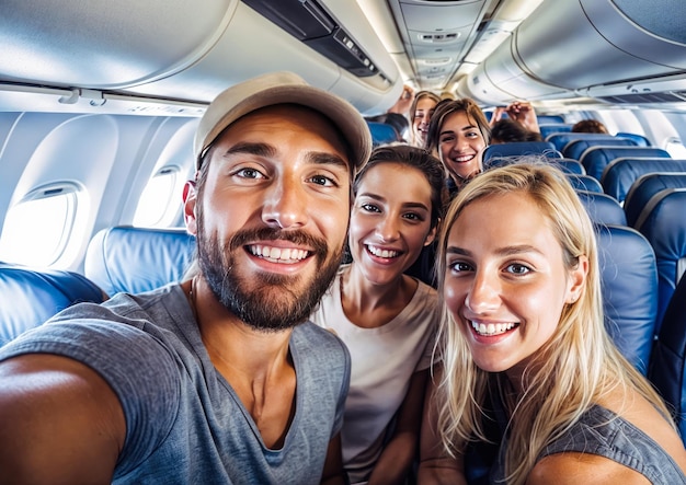 Group of happy friends taking selfie in airplane Travel and tourism concept