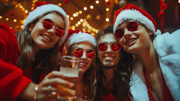Group of Happy friends teenagers wearing Santa Claus costumes holding a glass of champion new year party