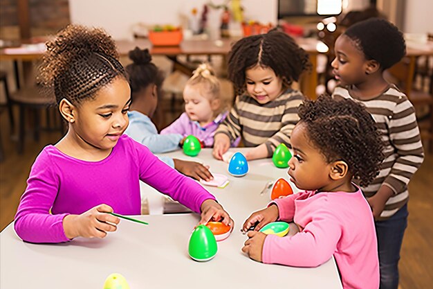 Group of Happy Kids Engaged in Creating Easter Decorations and Drawing on Eggs in Soft Tones