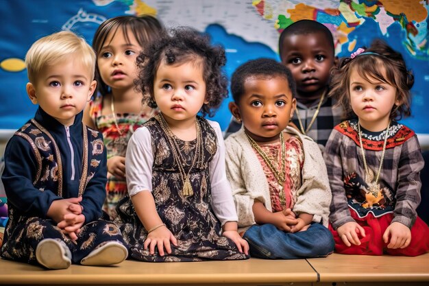 学校の幼児の最初の登校日のマルチで先生に注意を払う幸せな子供たちのグループ