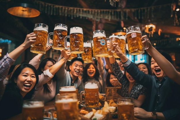 A group of happy Korean people clink their beer mugs together celebrating the festive atmosphere of