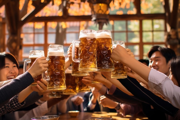 A group of happy Korean people clink their beer mugs together celebrating the festive atmosphere of