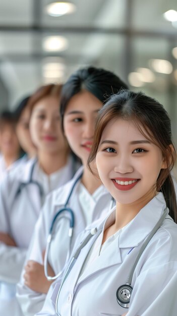 Foto un gruppo di medici di razza mista felici in uniforme sorridono in un ospedale