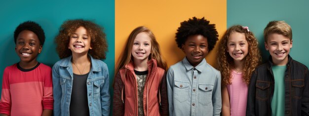 Photo group of happy multiethnic school kids smiling on colorfull background created with generative ai technology