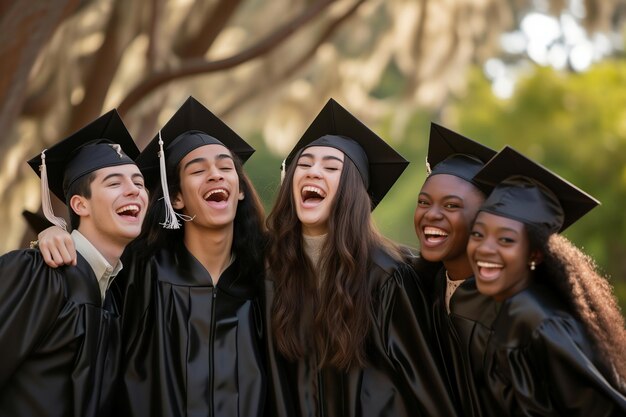 Photo group of happy multiethnic students in mortarboard and gowns