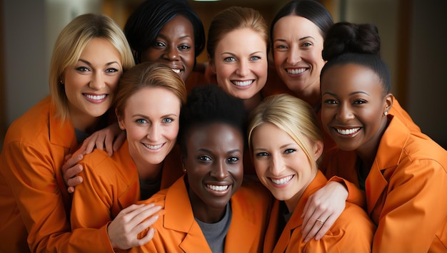 Group of happy multiethnic women in orange clothes looking at camera