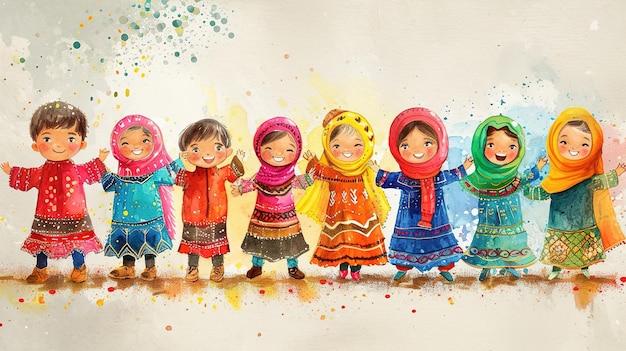 Group of happy muslim kids in colorful clothes illustration painting background