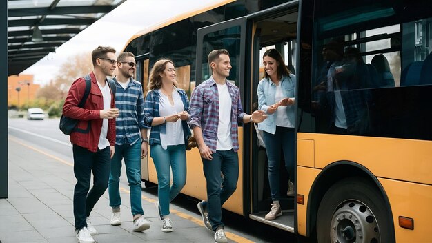 Group of happy people entering a bus at the station