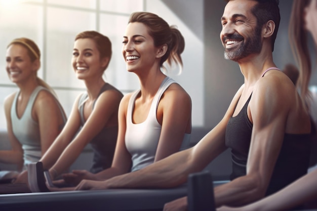 Group of happy people in gym closeup