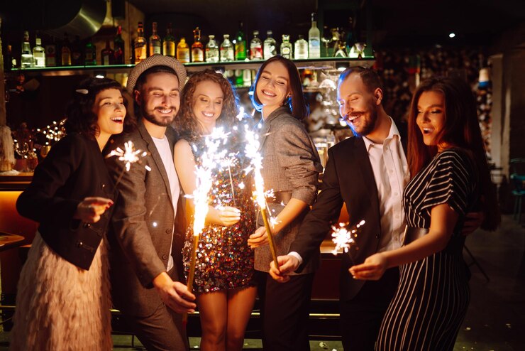 Photo group of happy people holding sparklers at the party young friends clinking glasses of champagne