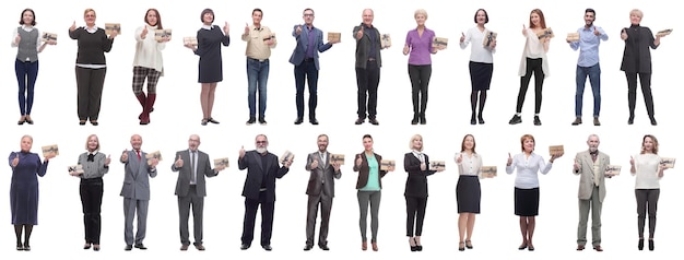 Group of happy people with gifts in their hands isolated