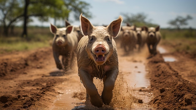 A group of happy pigs running in the mud