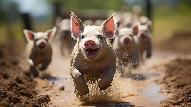 Группа счастливых свиней бежит в грязи.