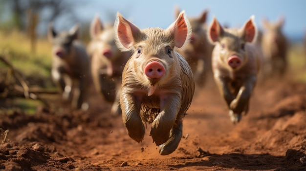 Photo a group of happy pigs running in the mud