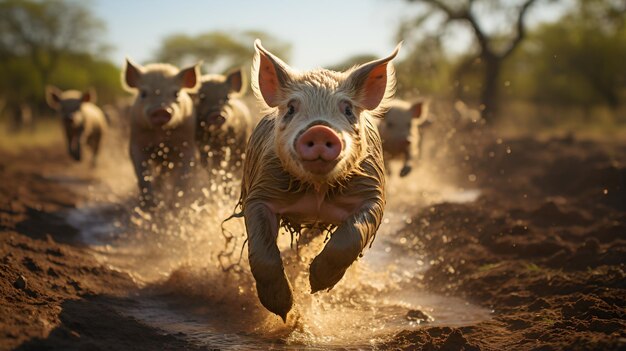 A group of happy pigs running through the mud