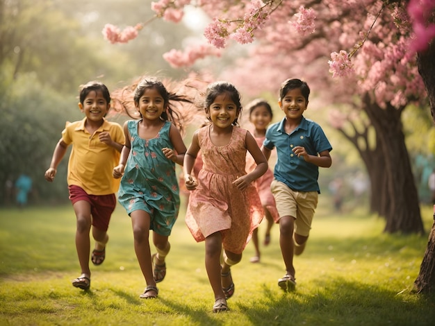 Group of happy playful Indian children running outdoors in park Asian kids Playing in garden