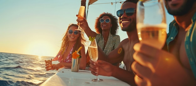Фото Группа счастливых богатых людей устраивает вечеринку на яхте с выпивкой шампанского в летний день.