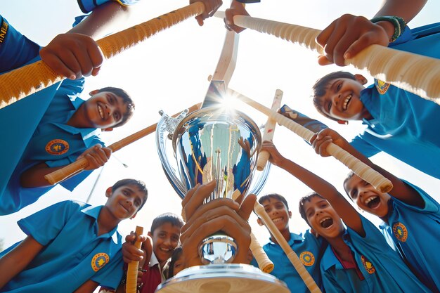 Foto gruppo di bambini di scuola felici che tengono in mano la coppa del trofeo e sorridono alla telecamera