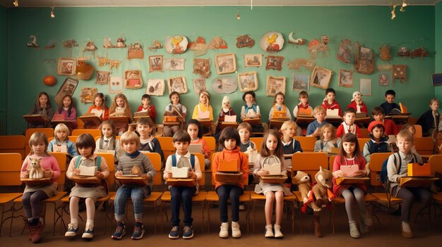 Foto gruppo di scolari felici seduti sulle panchine della classe