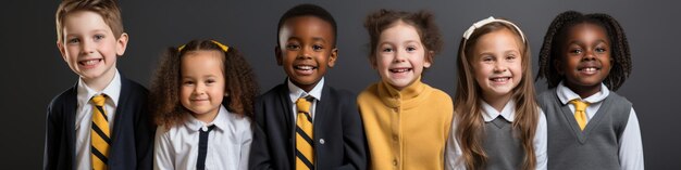 Photo group of happy school kids smiling on dark background created with generative ai technology