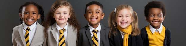 Foto gruppo di bambini felici della scuola che sorridono su sfondo scuro creato con la tecnologia generativa ai