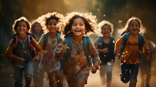 Group of happy schoolchildren running in the forest with backpacks