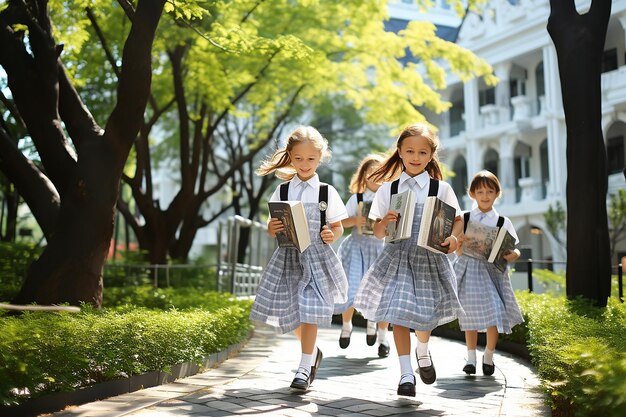 Photo group of happy schoolchildren on a walk