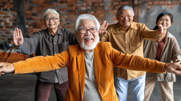 Photo group of happy seniors dancing in a studio they are all smiling and laughing and they look like they are having a great time