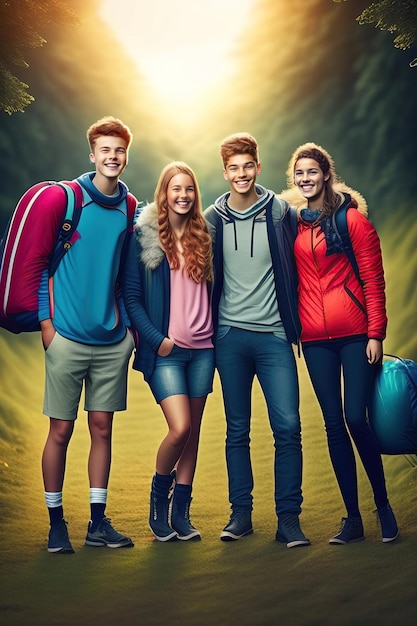 Group of happy Teenagers on Camping or Glamping Trip in Countryside